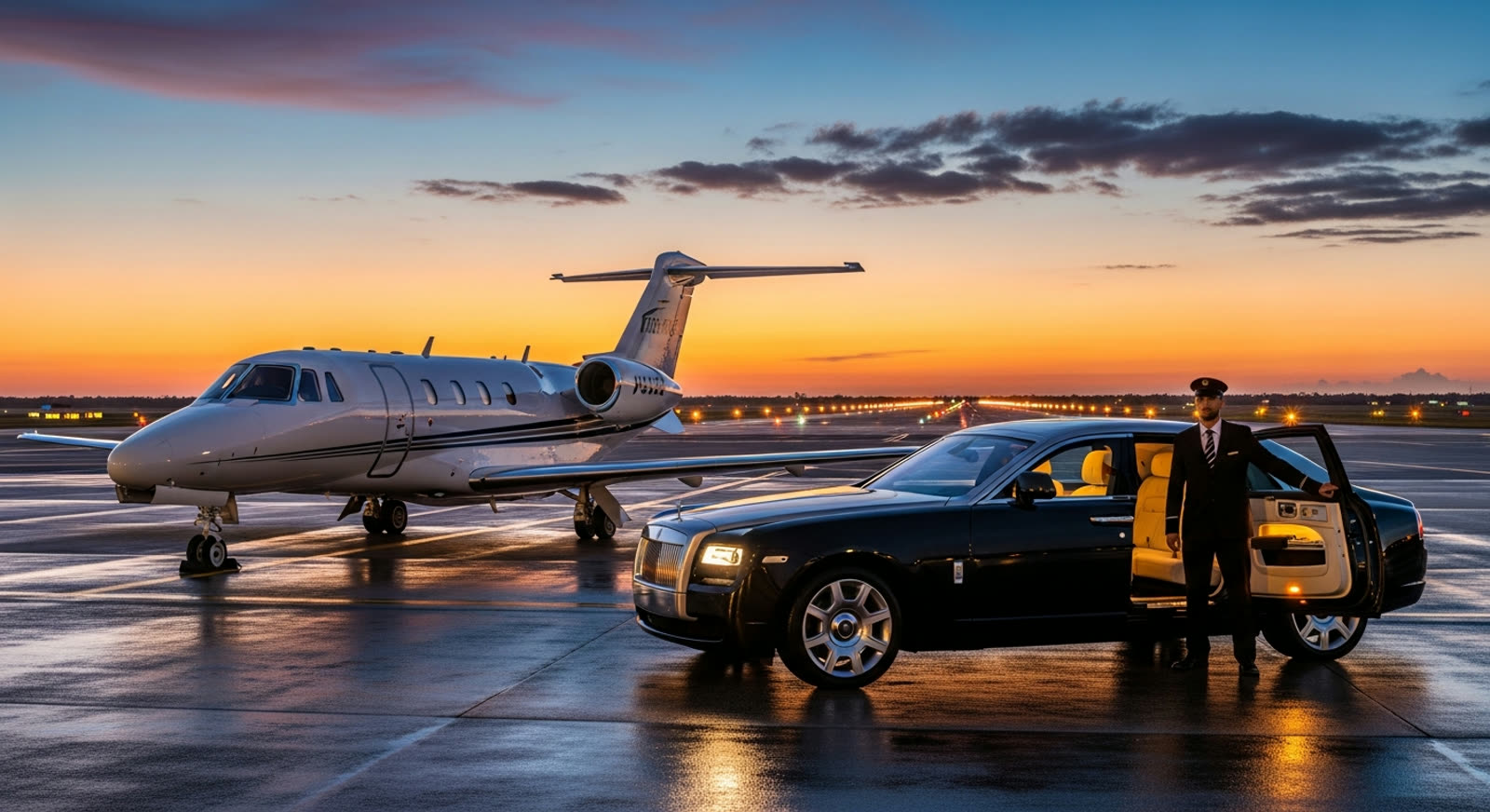 Private jet and Rolls-Royce chauffeur service at dusk